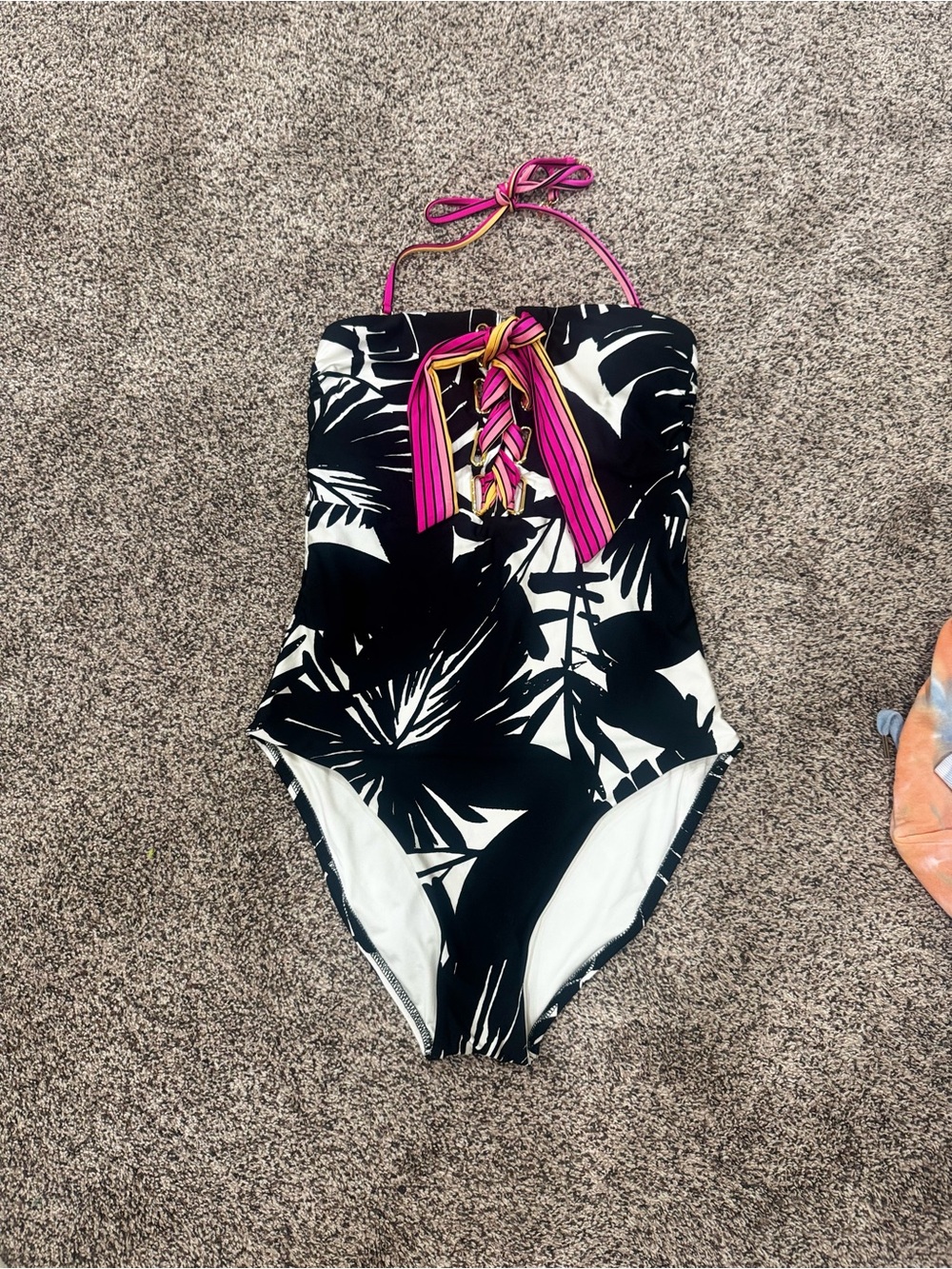 Trina Turk Black & White Palm One-Piece Swimsuit with Pink Accents